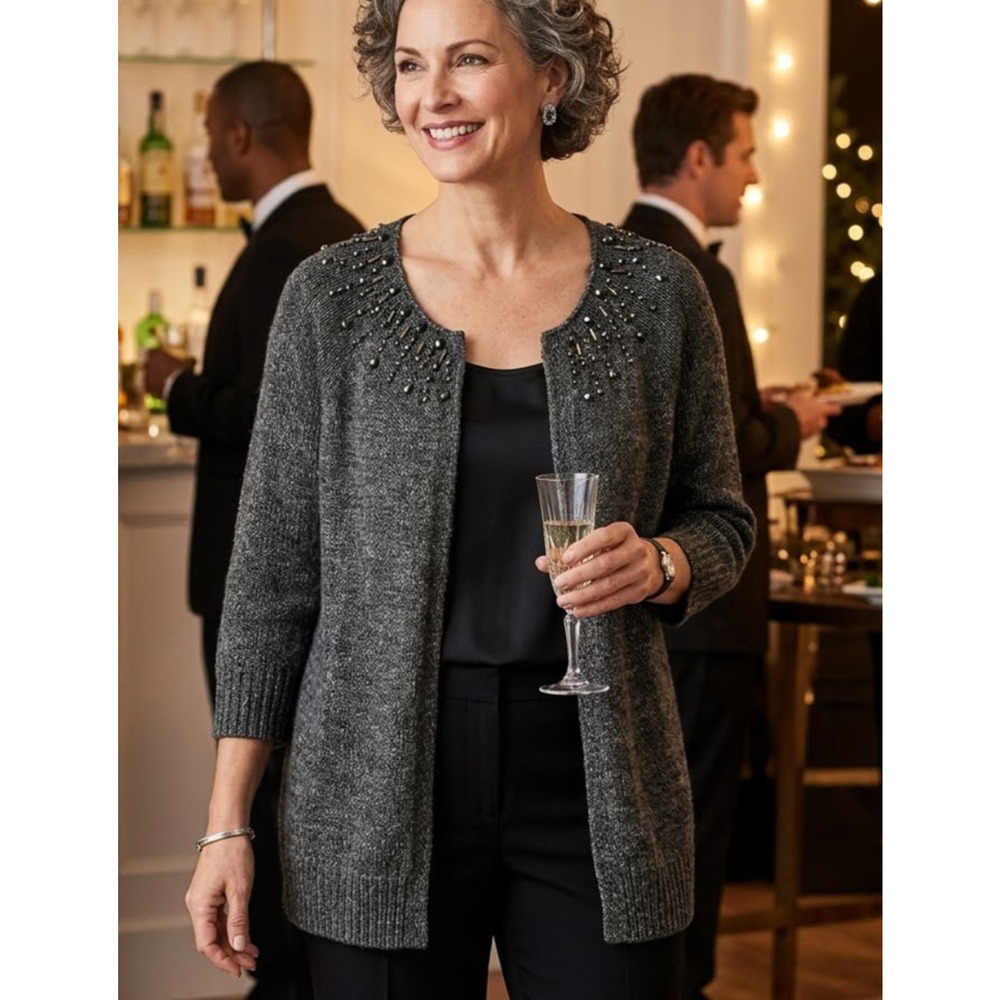 Coldwater Creek Gray Beaded Cardigan Sweater Women L 14-16 Mohair Blend 3/4 Slvs